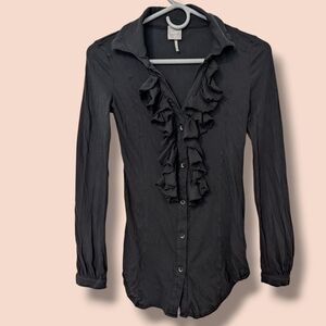 Bobi Black 100% Cotton Ruffle Long Sleeve V-Neck Collared Button-Up Top SM